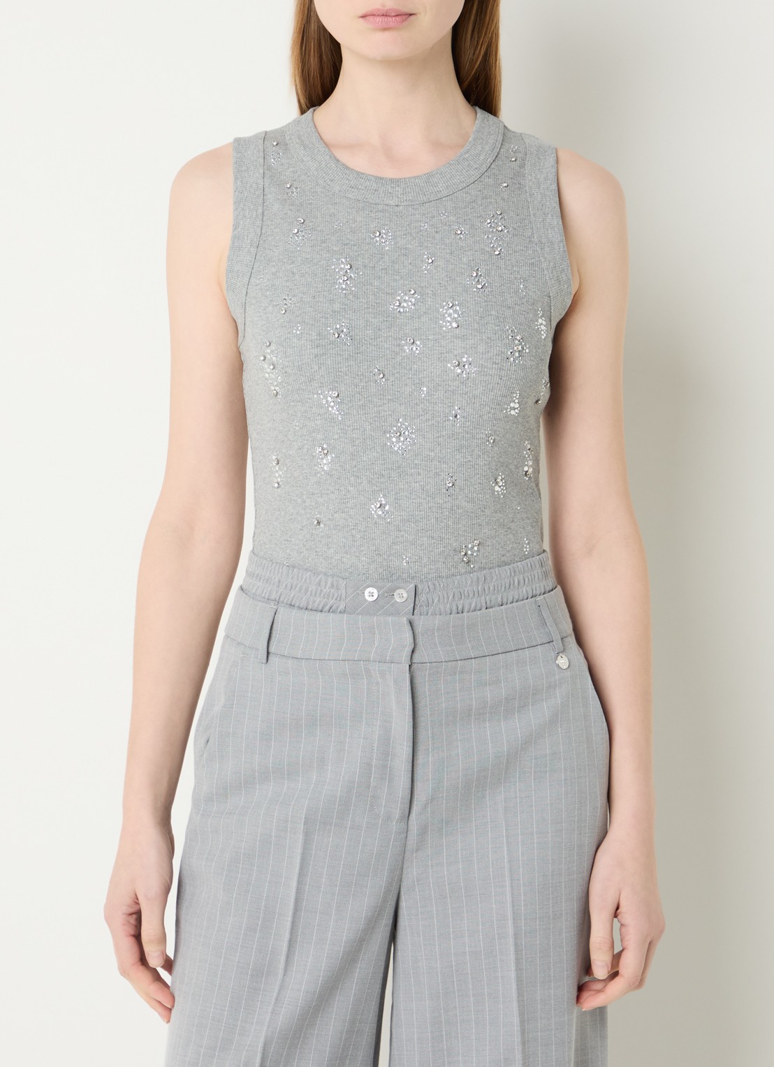 Liu Jo Ribgebreide tanktop met strass - detail grijs