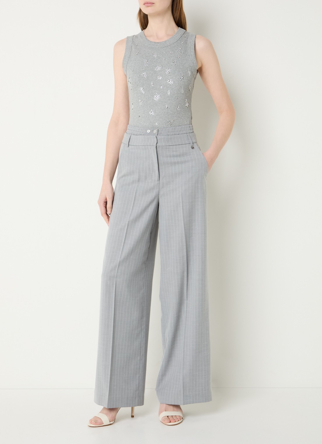 Liu Jo Ribgebreide tanktop met strass - voorkant 3 grijs
