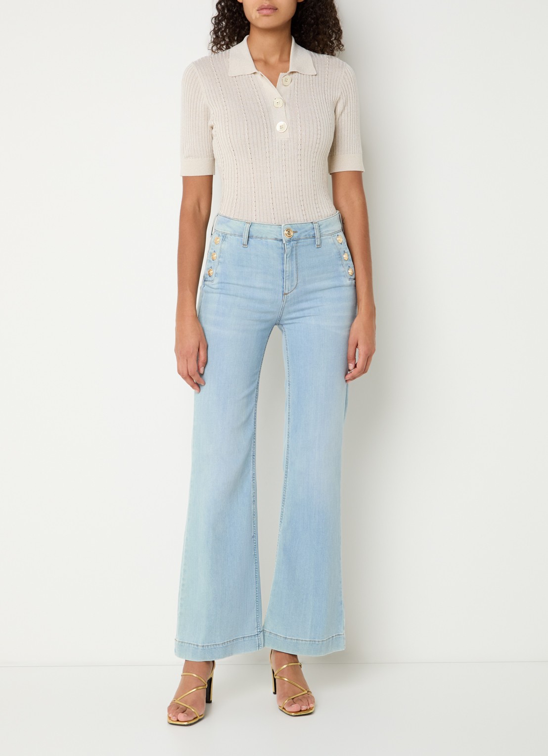 Liu Jo Ribgebreide top met polokraag en lurex - voorkant 2 creme