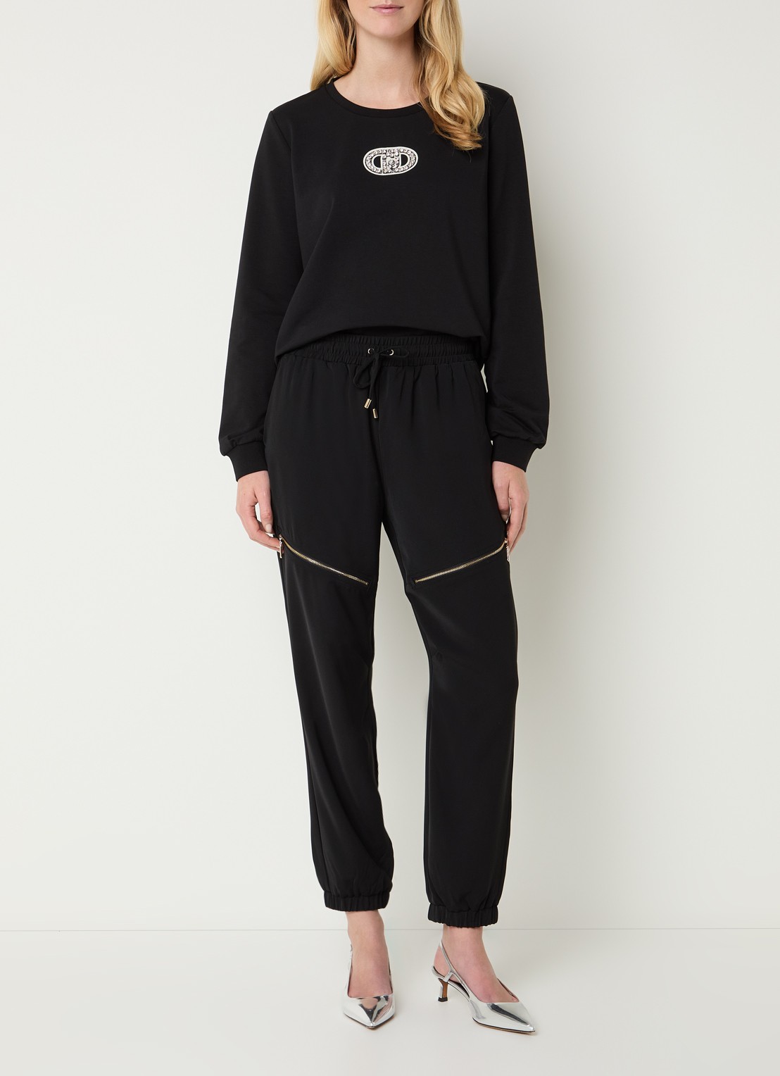 Liu Jo Sweater met logo en strass - voorkant 3 zwart