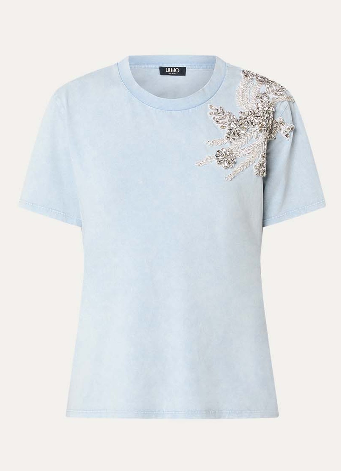 Liu Jo T-shirt met applicatie en strass - voorkant lichtblauw