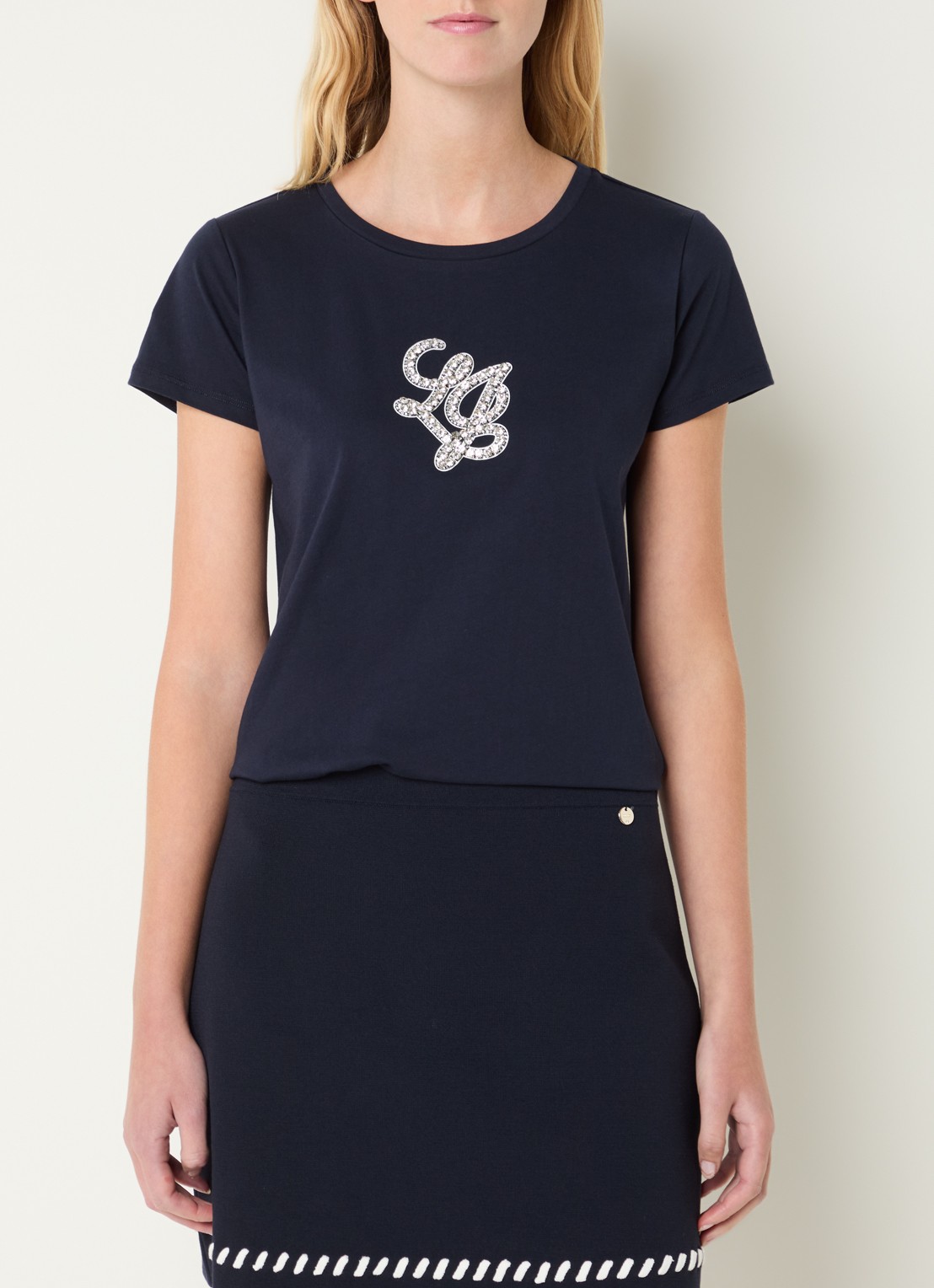 Liu Jo T-shirt met logoprint en strass - detail donkerblauw