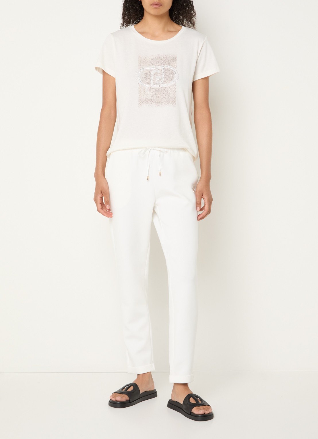 Liu Jo T-shirt met logoprint en strass - voorkant 2 gebroken wit