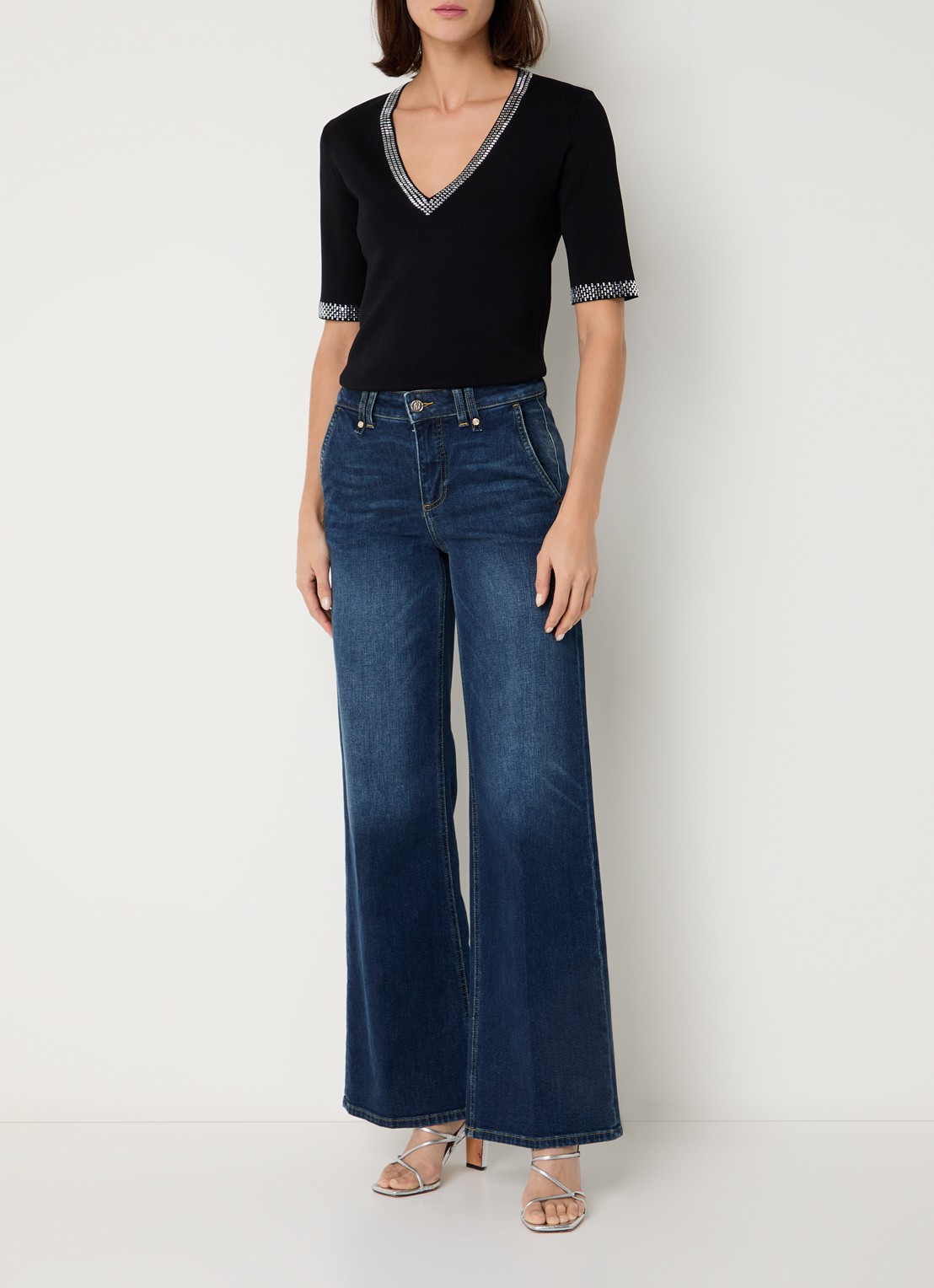Liu Jo Top met strass en V-hals - voorkant 4 zwart