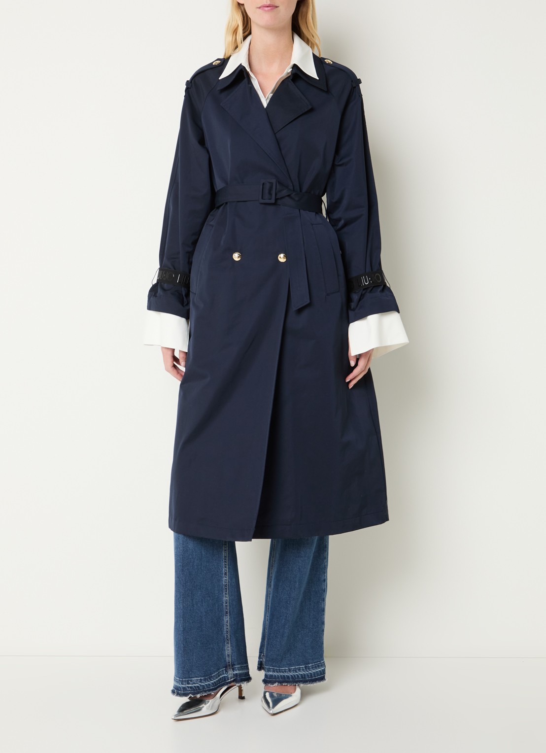Liu Jo Trenchcoat met steekzakken en ceintuur - detail donkerblauw