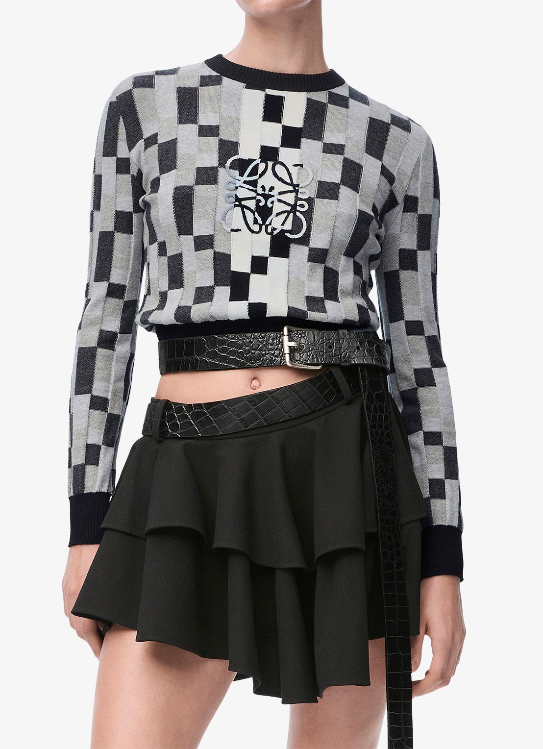 LOEWE Anagram fijngebreide crop top met flock logoprint - detail 4 grijs
