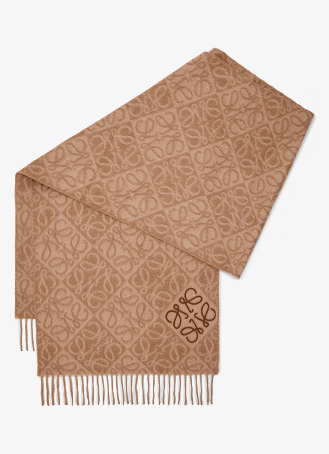 LOEWE Anagram fijngebreide sjaal in kasjmierblend met logo 180 x 38 cm - voorkant camel