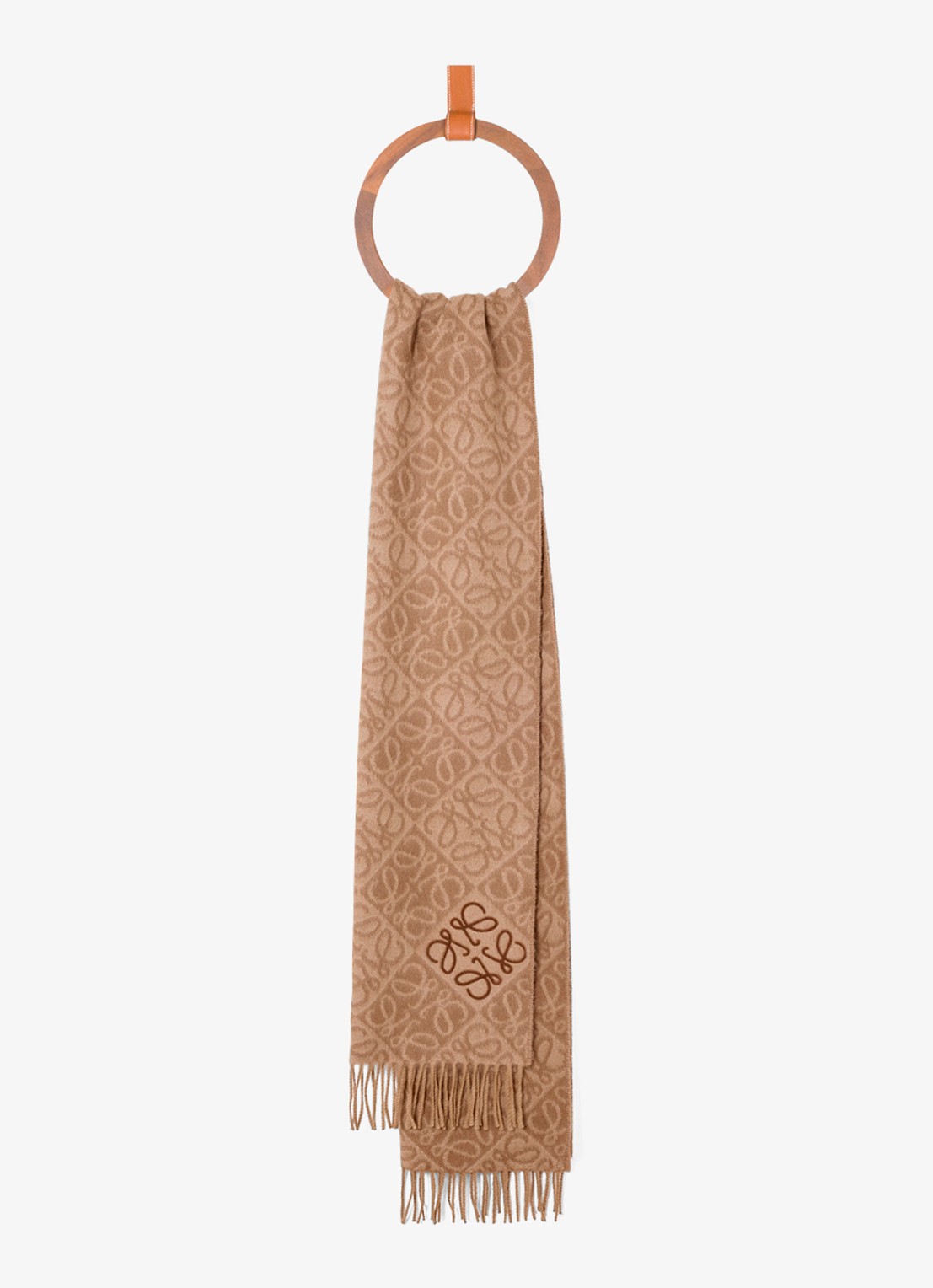 LOEWE Anagram fijngebreide sjaal in kasjmierblend met logo 180 x 38 cm - voorkant 2 camel
