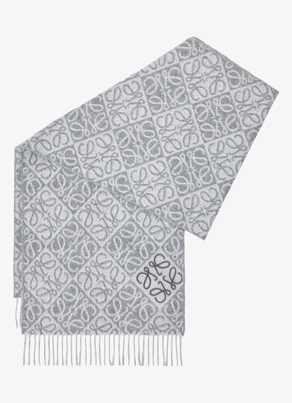 LOEWE Anagram sjaal in kasjmierblend met logo 180 x 38 cm - voorkant grijs