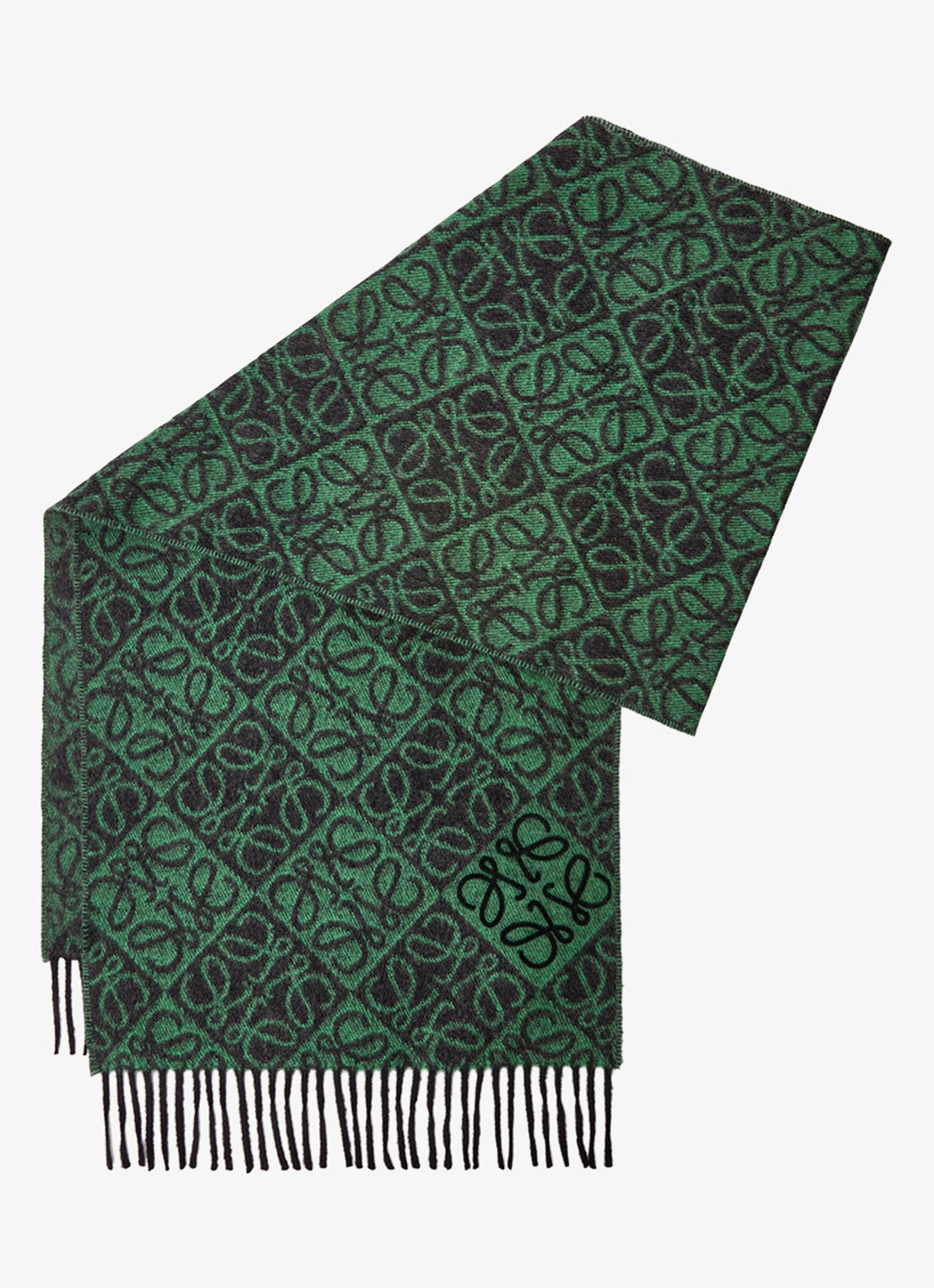 LOEWE Anagram sjaal in kasjmierblend met logo 180 x 38 cm - voorkant groen