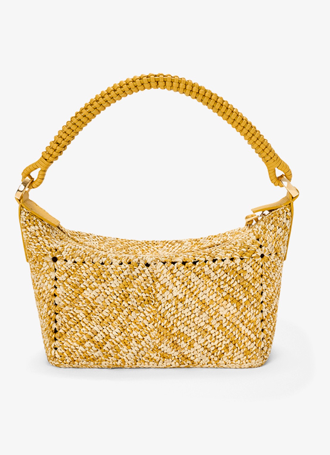 LOEWE Cala Mini handtas van raffia met kalfsleren details - achterkant mosterd