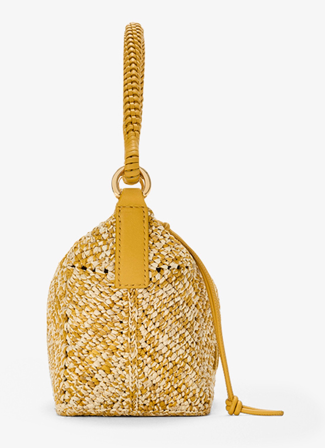 LOEWE Cala Mini handtas van raffia met kalfsleren details - detail 2 mosterd