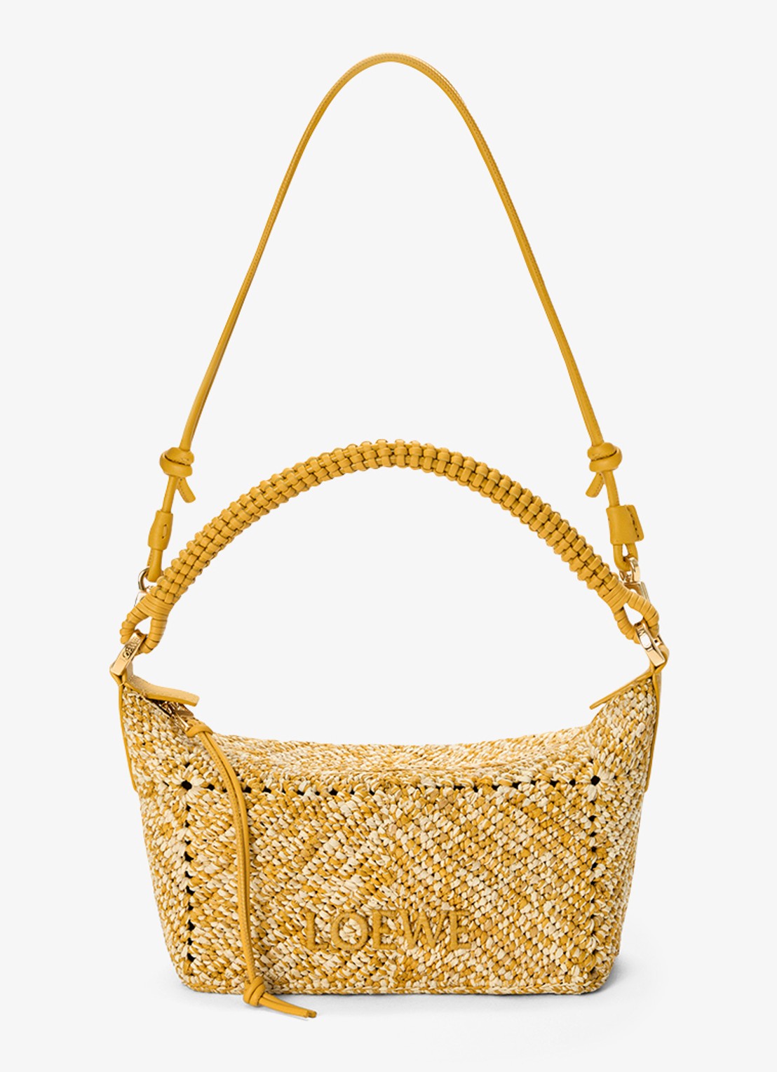 LOEWE Cala Mini handtas van raffia met kalfsleren details - detail 3 mosterd