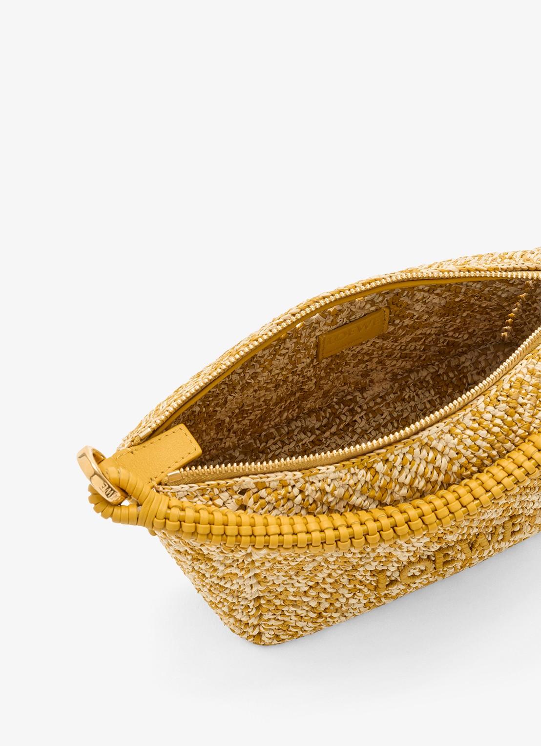 LOEWE Cala Mini handtas van raffia met kalfsleren details - detail 4 mosterd