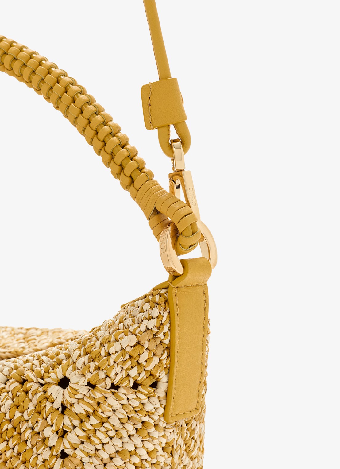LOEWE Cala Mini handtas van raffia met kalfsleren details - detail 6 mosterd