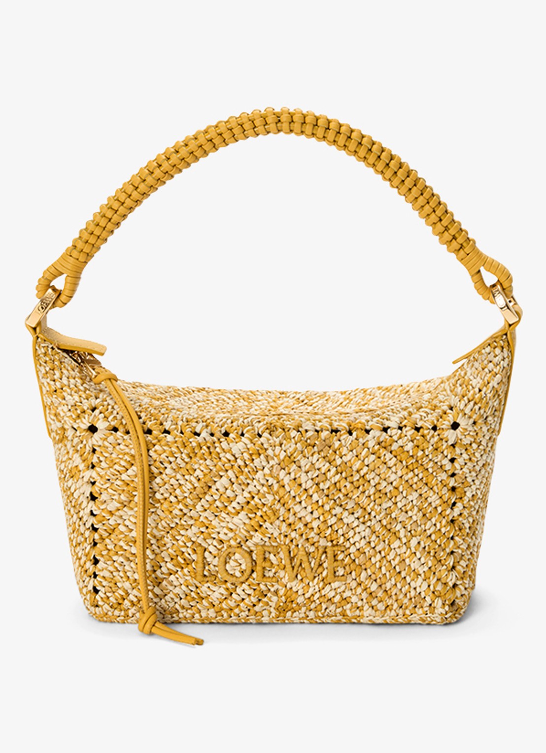 LOEWE Cala Mini handtas van raffia met kalfsleren details - voorkant 7 mosterd