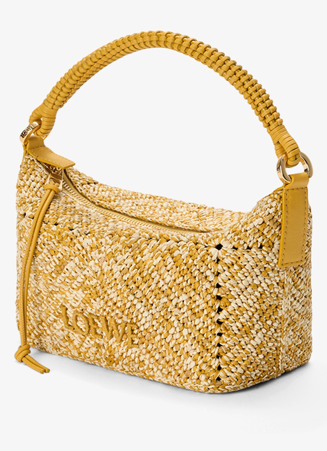 LOEWE Cala Mini handtas van raffia met kalfsleren details - voorkant 8 mosterd