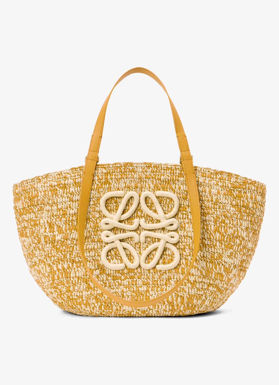 LOEWE Eclipse Medium shopper van raffia met logo - voorkant 2 mosterd