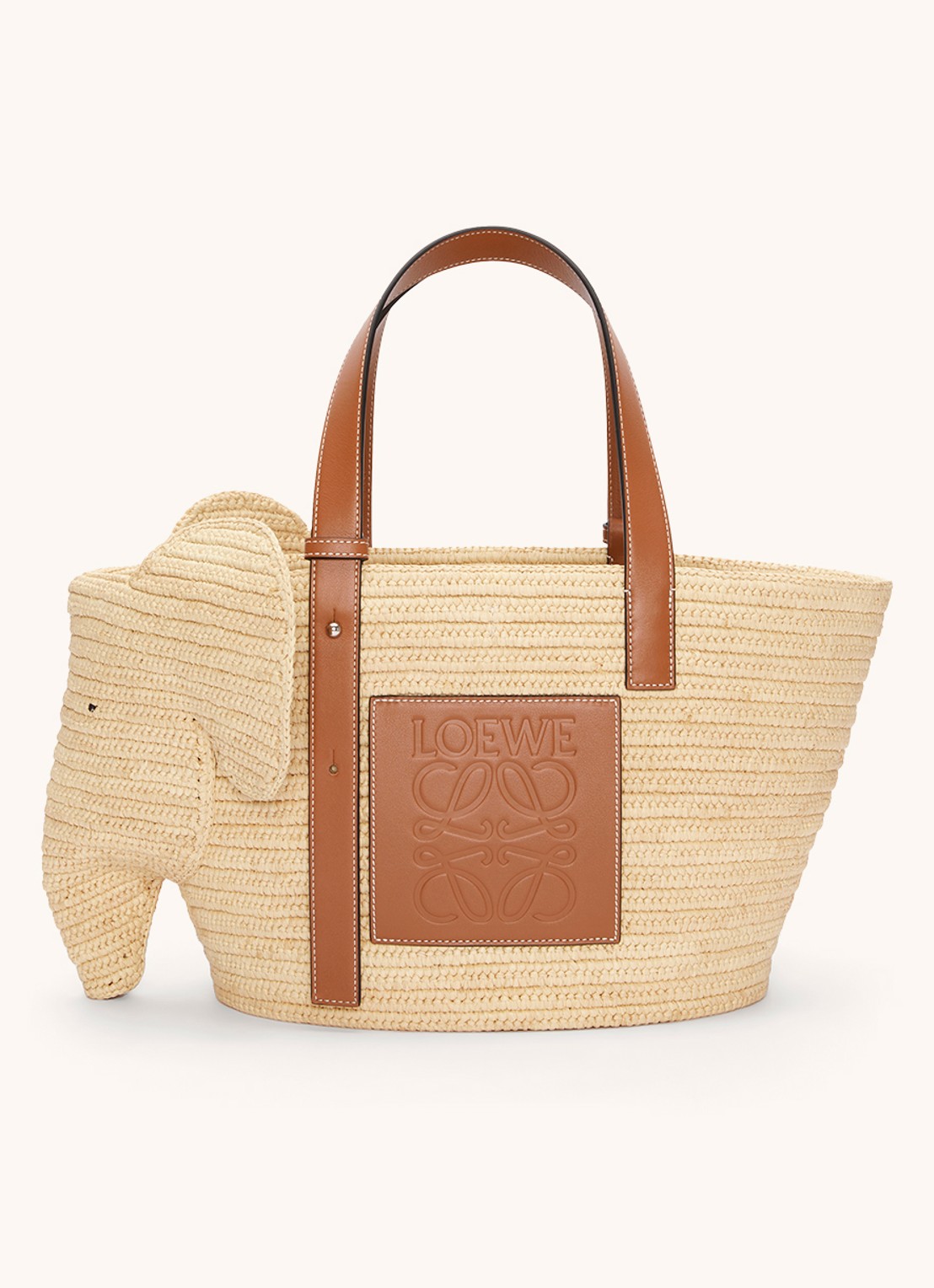 LOEWE Elephant handtas van raffia met kalfsleren details - voorkant 2 roestbruin