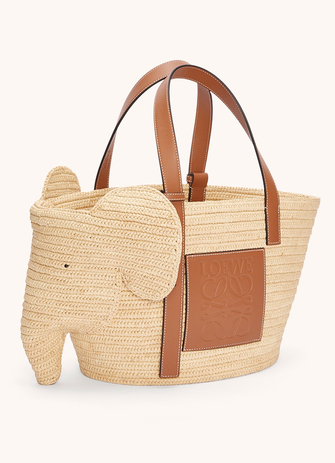 LOEWE Elephant handtas van raffia met kalfsleren details - voorkant 3 roestbruin