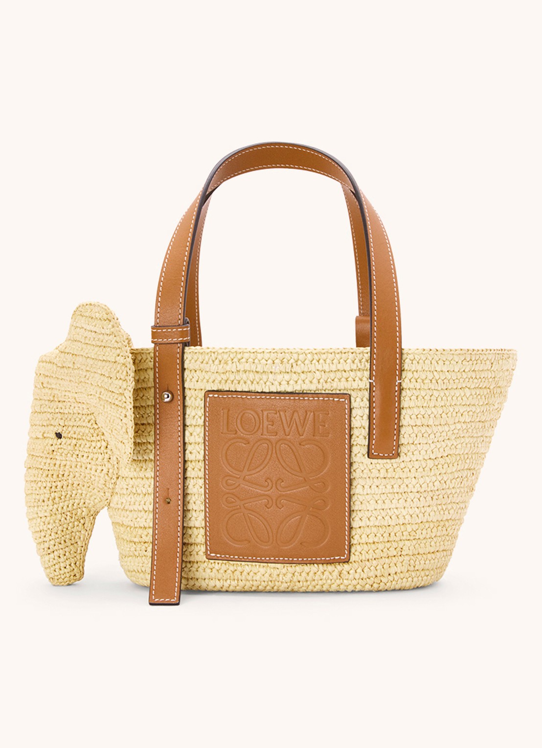LOEWE Elephant Small handtas van raffia met kalfsleren details - voorkant 3 roestbruin