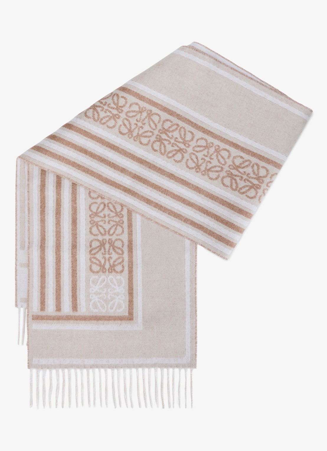 LOEWE Fijngebreide sjaal in kasjmierblend met logo 180 x 30 cm - voorkant beige