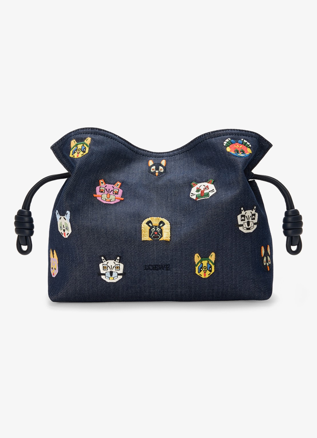 LOEWE Flamenco Cats M clutch van denim met kalfsleren details - voorkant donkerblauw