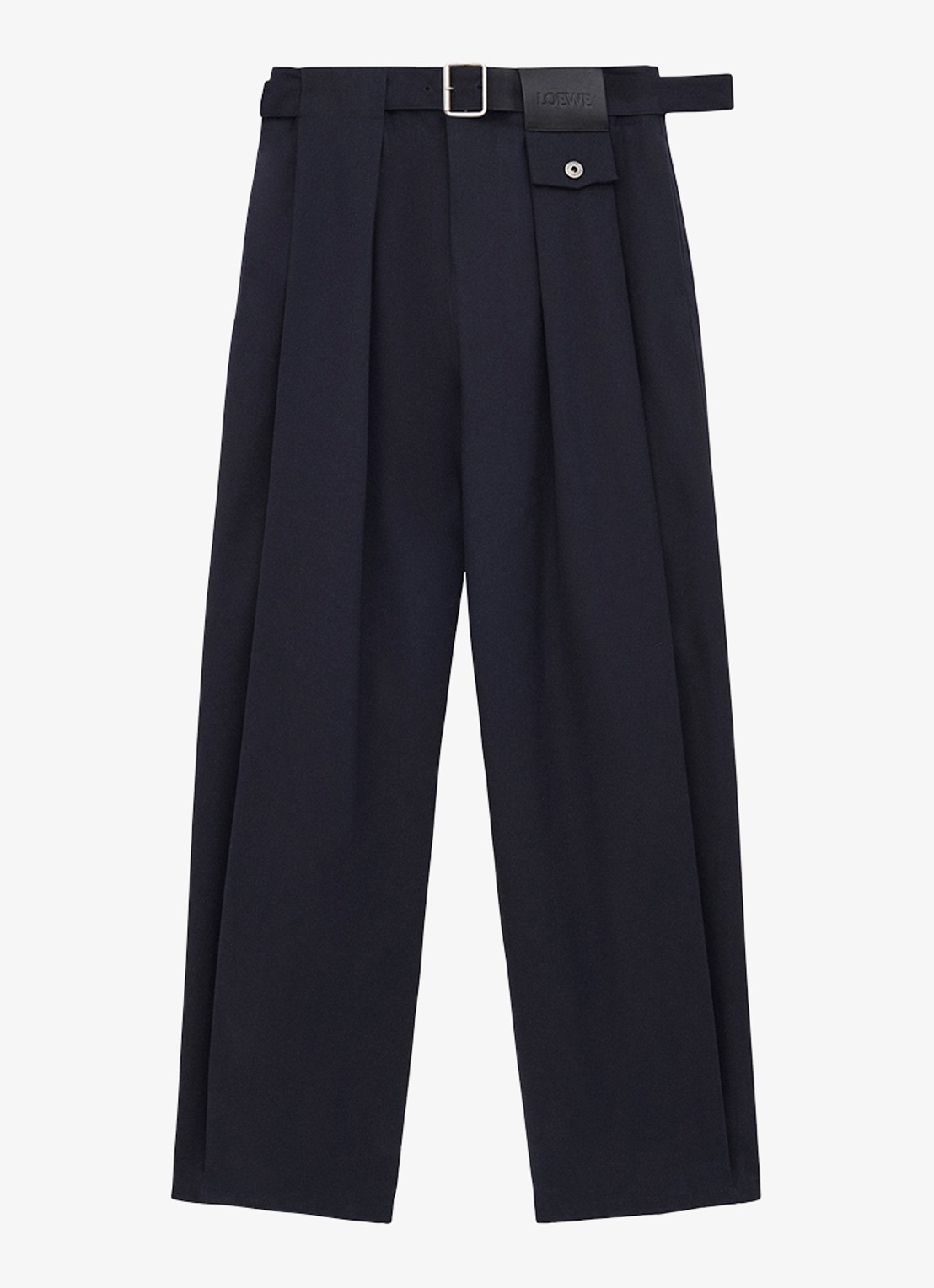 LOEWE High waist loose fit pantalon in zijdeblend met ceintuur - voorkant donkerblauw