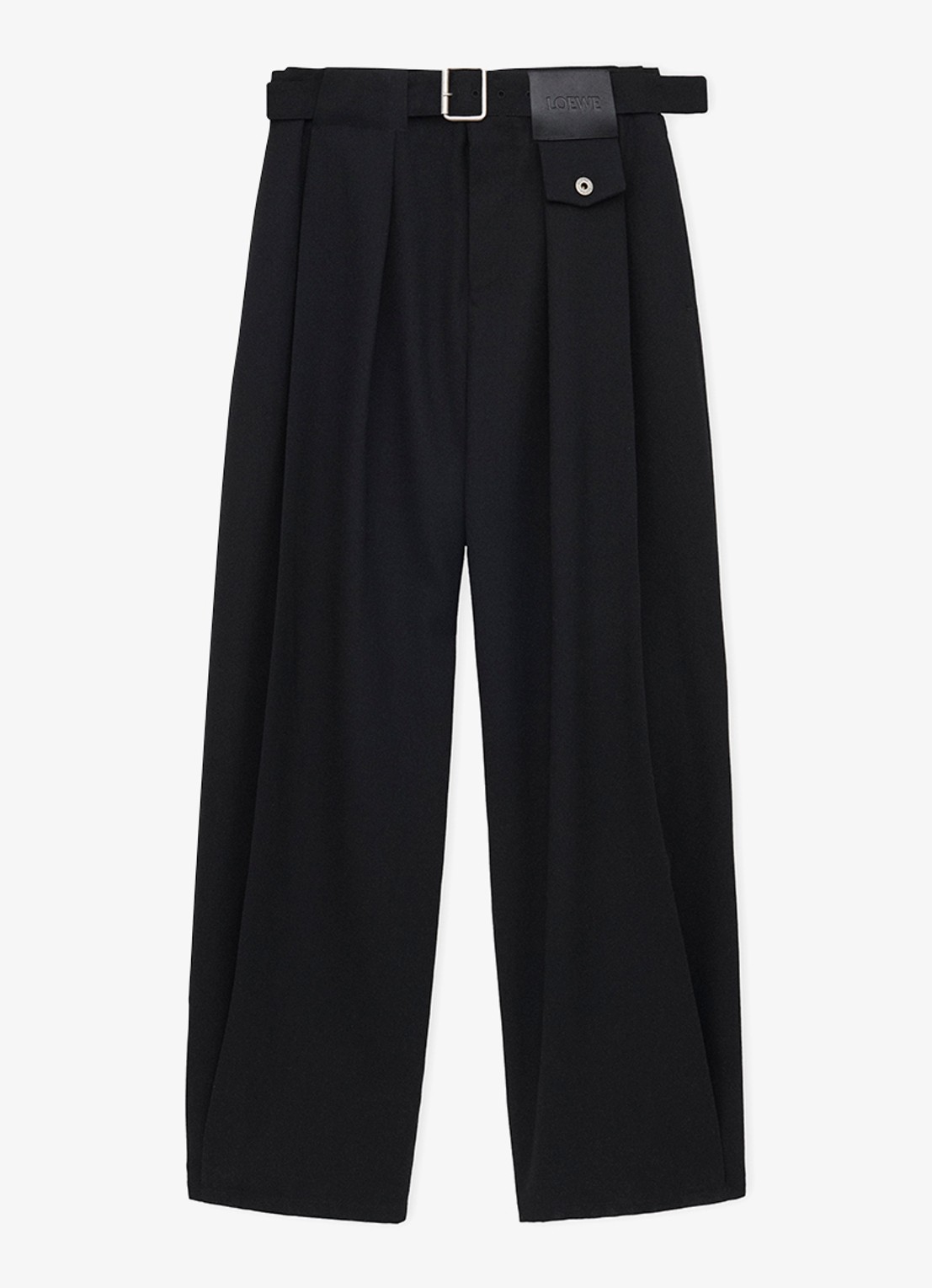LOEWE High waist loose fit pantalon van wol met ceintuur - voorkant 2 zwart