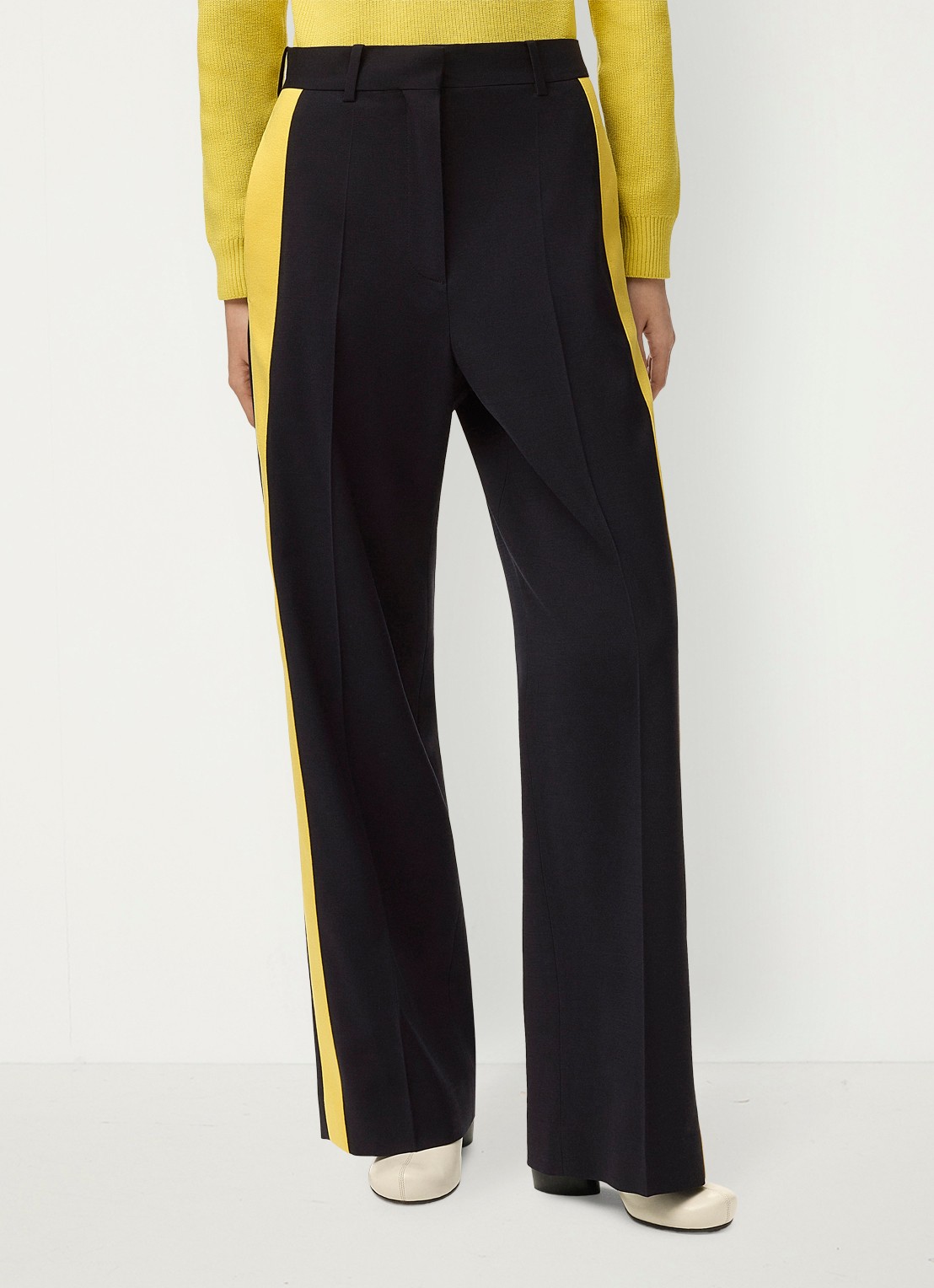 LOEWE High waist straight fit pantalon in wolblend met persplooi - detail 3 donkerblauw