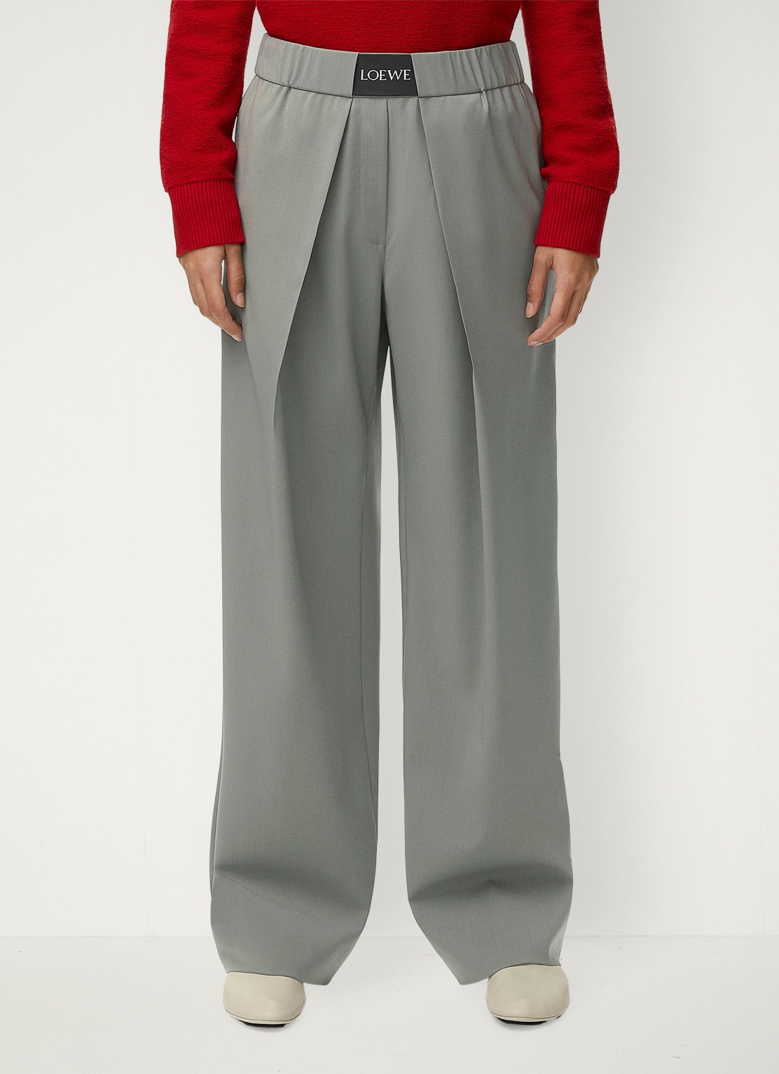 LOEWE High waist wide fit pantalon in wolblend met logo - detail 2 grijs