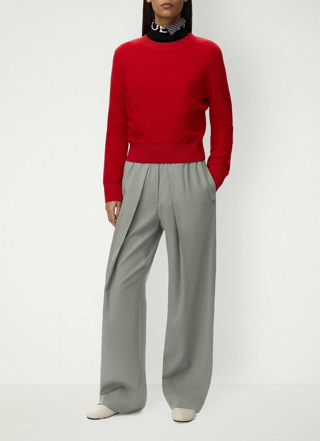 LOEWE High waist wide fit pantalon in wolblend met logo - voorkant 5 grijs