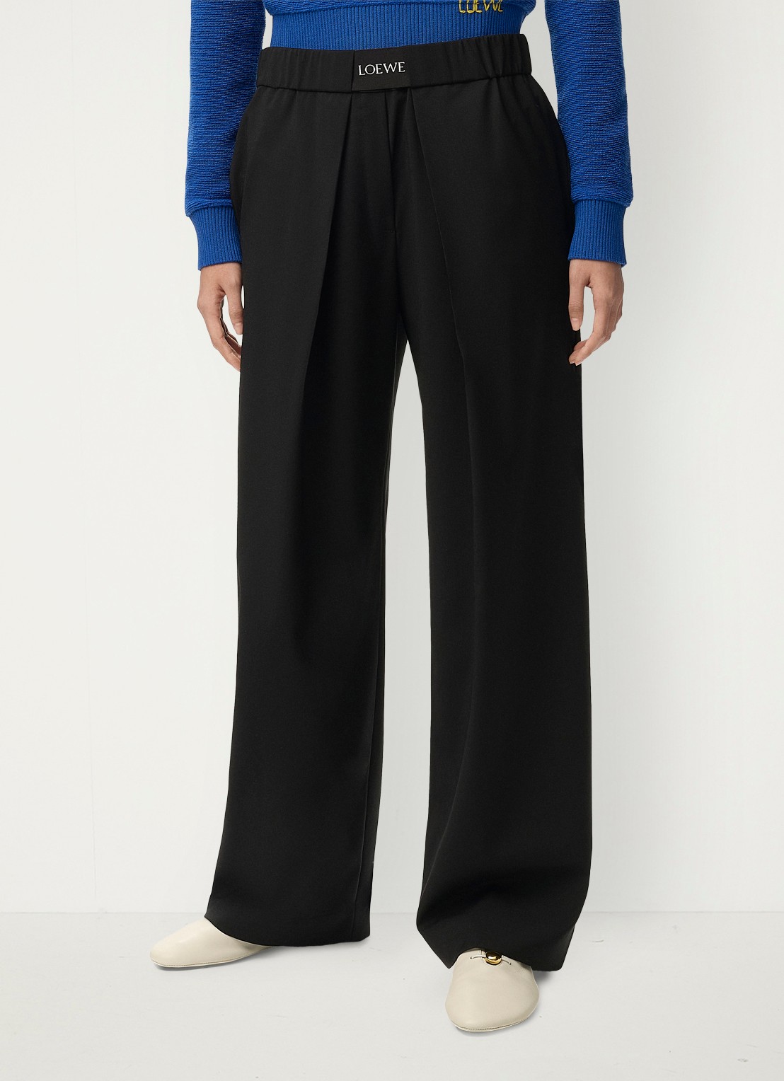 LOEWE High waist wide fit pantalon in wolblend met logo - detail 2 zwart