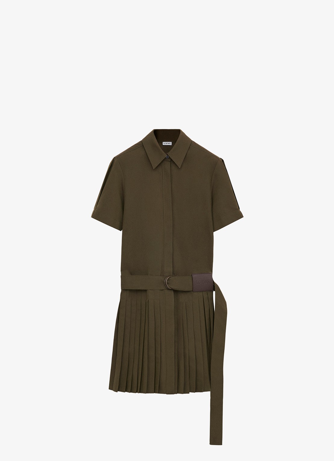 LOEWE Mini blousejurk met ceintuur en plissé - voorkant khaki
