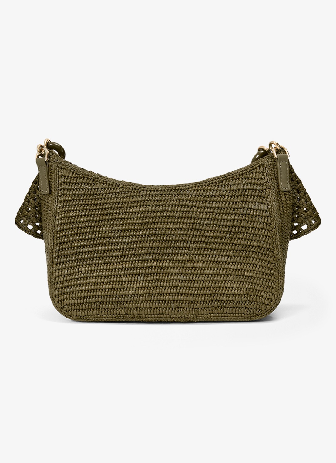 LOEWE Ola Medium schoudertas van raffia met kalfsleren details - achterkant legergroen
