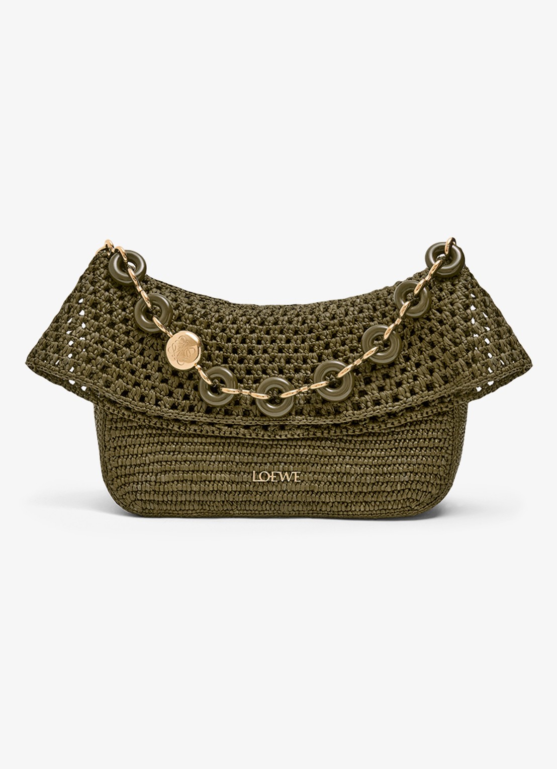 LOEWE Ola Medium schoudertas van raffia met kalfsleren details - voorkant 7 legergroen