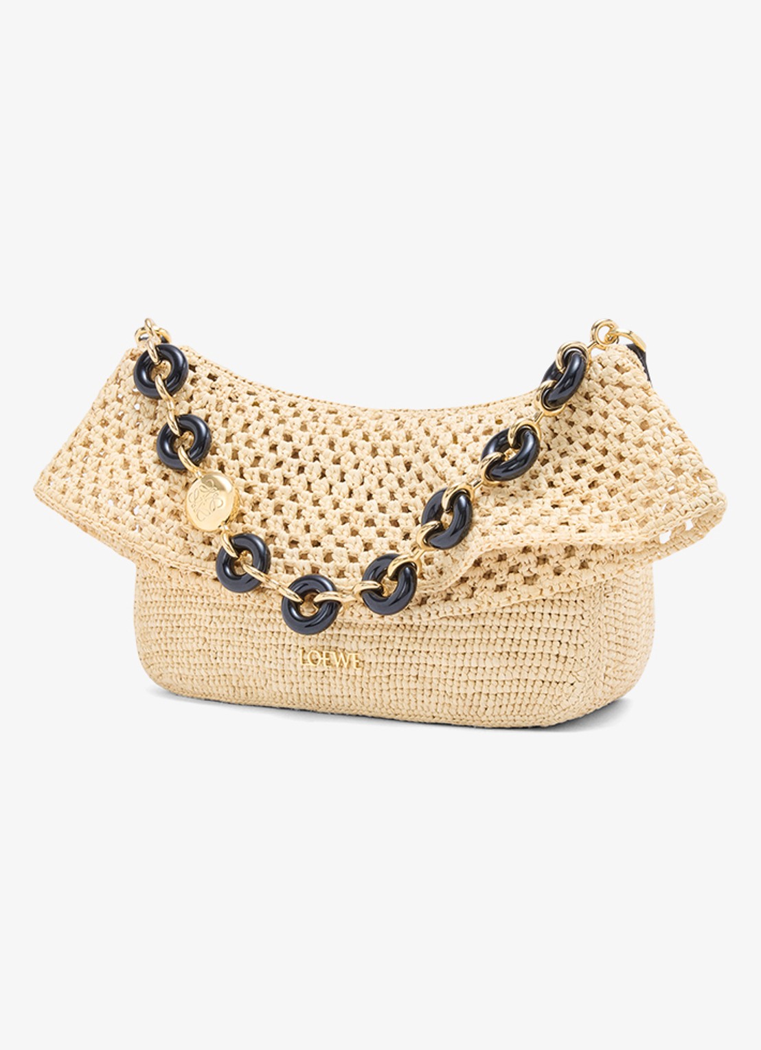 LOEWE Ola Medium schoudertas van raffia met kalfsleren details - detail 3 beige