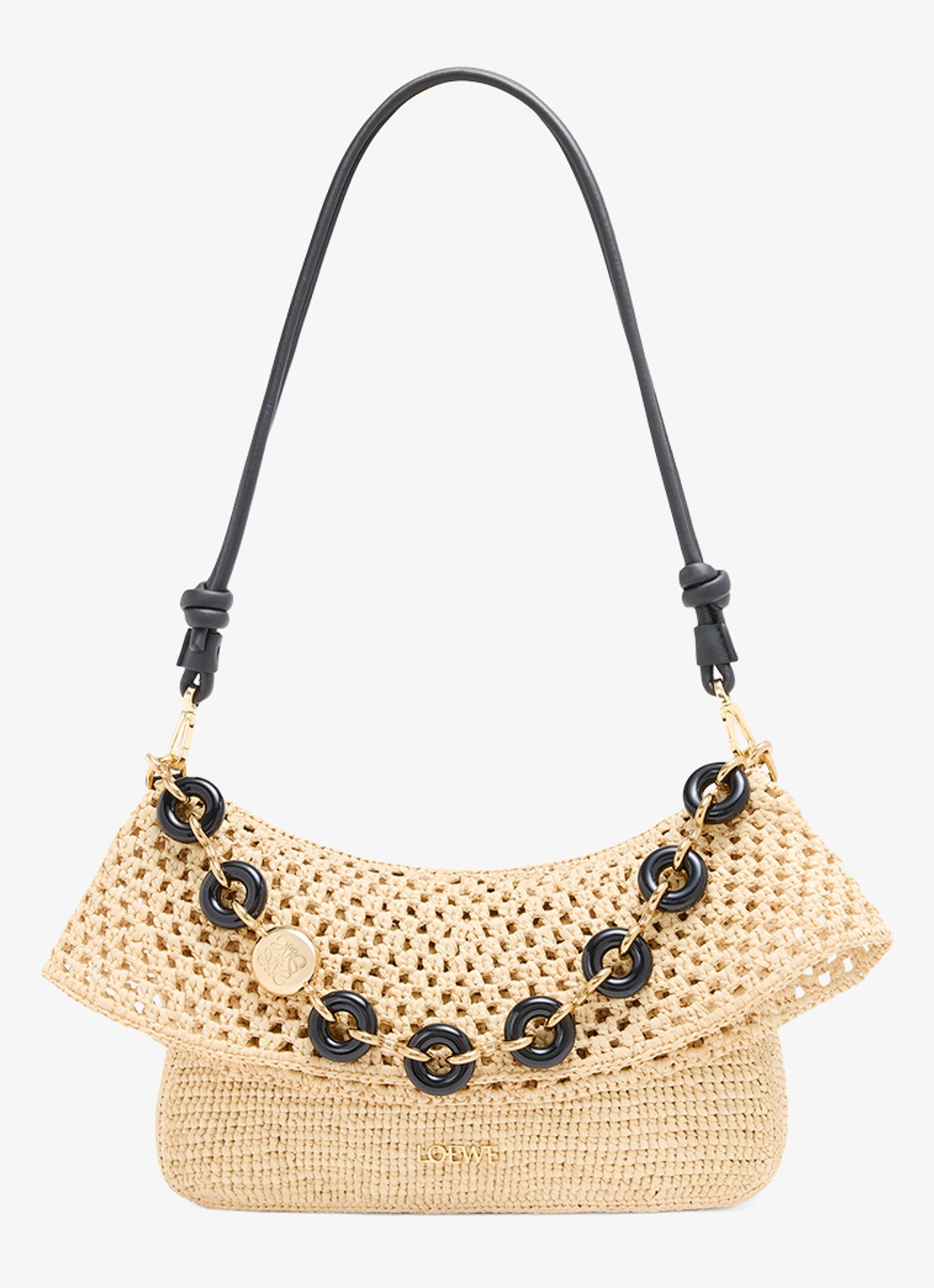LOEWE Ola Medium schoudertas van raffia met kalfsleren details - detail 5 beige