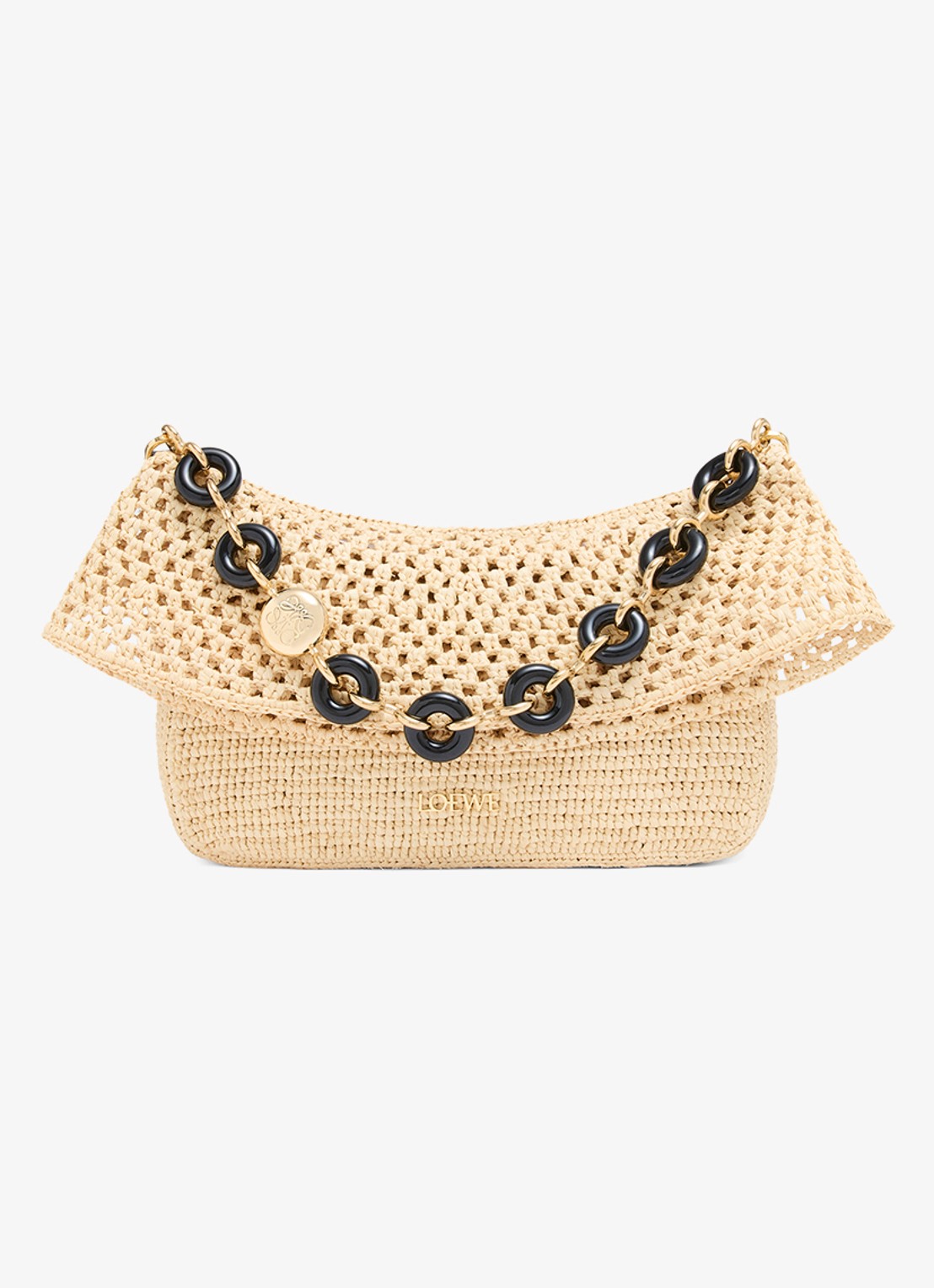 LOEWE Ola Medium schoudertas van raffia met kalfsleren details - voorkant beige
