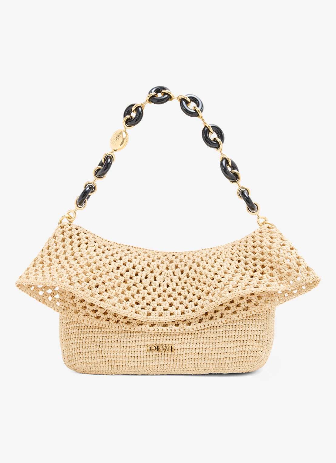 LOEWE Ola Medium schoudertas van raffia met kalfsleren details - voorkant 2 beige