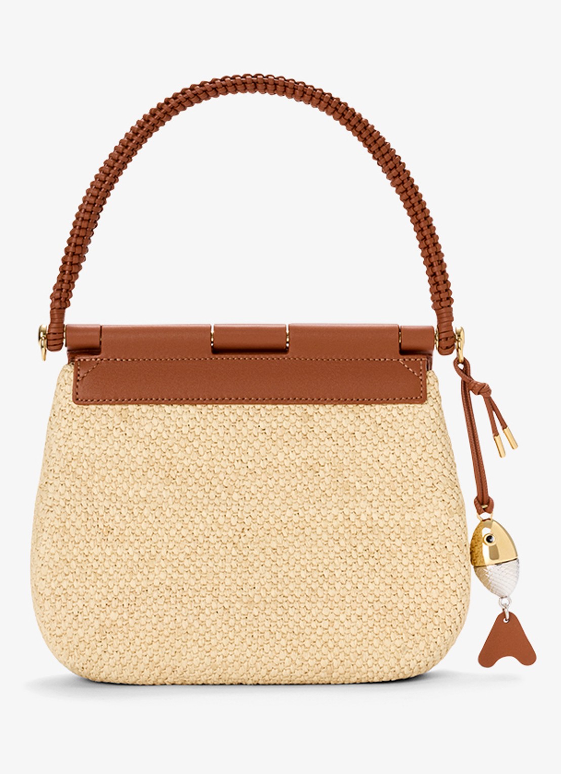 LOEWE Pescador Medium schoudertas van raffia met kalfsleren details - achterkant beige