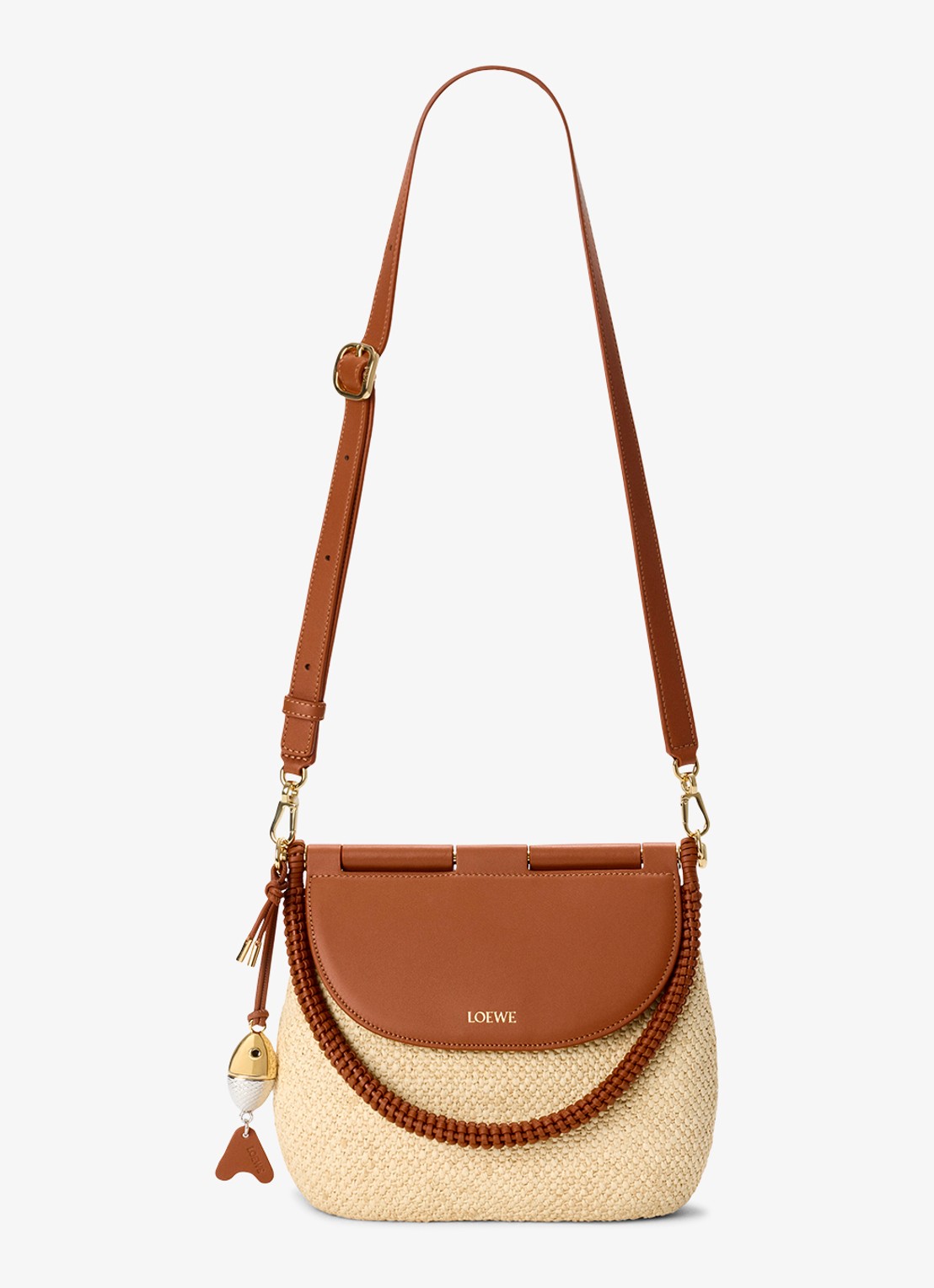 LOEWE Pescador Medium schoudertas van raffia met kalfsleren details - detail 2 beige