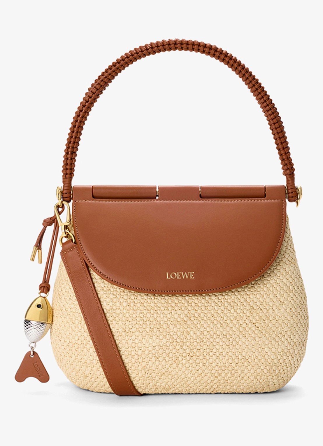LOEWE Pescador Medium schoudertas van raffia met kalfsleren details - voorkant 7 beige