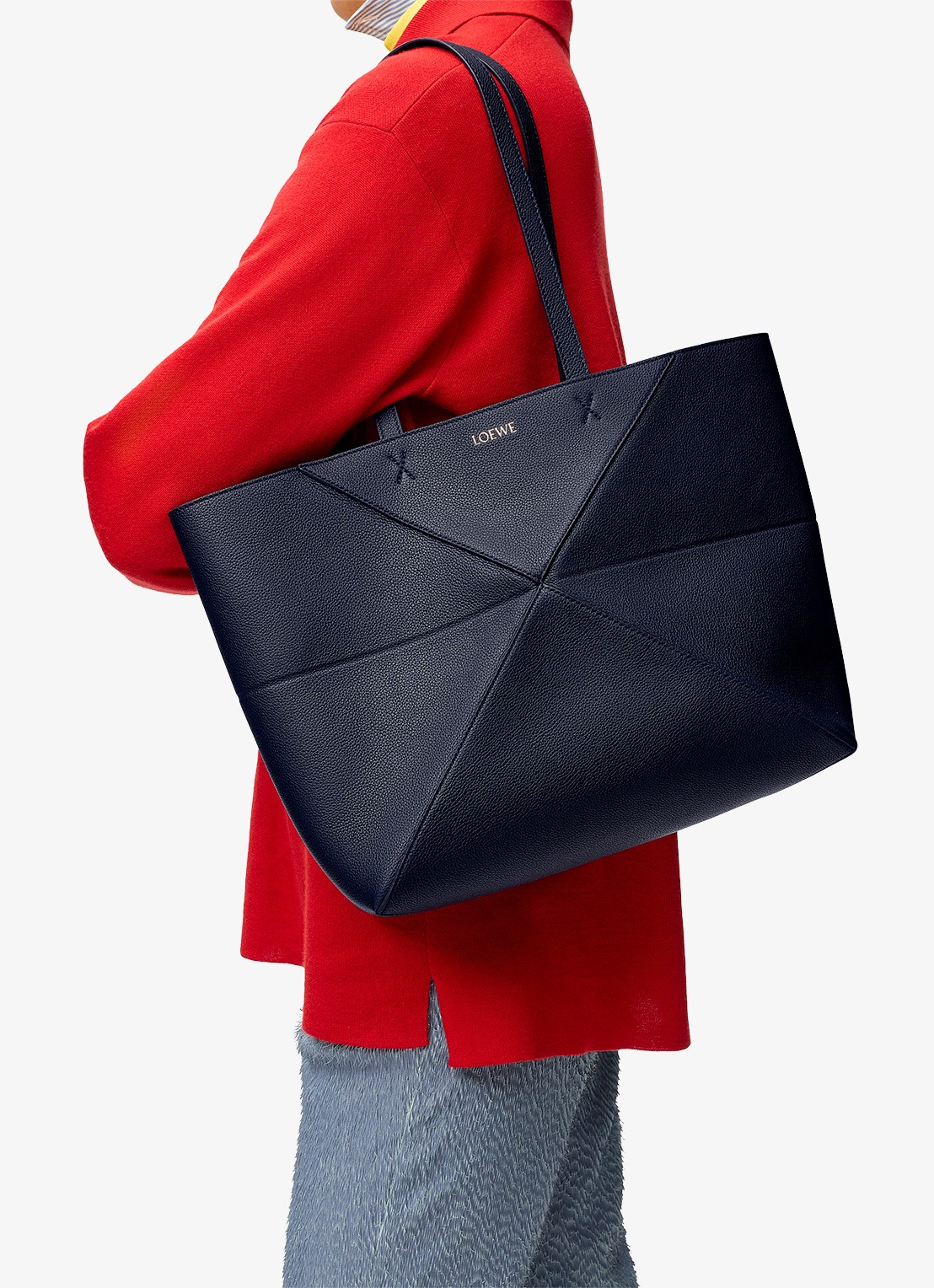 LOEWE Puzzle Fold Horizontal Medium shopper van kalfsleer - voorkant 8 donkerblauw