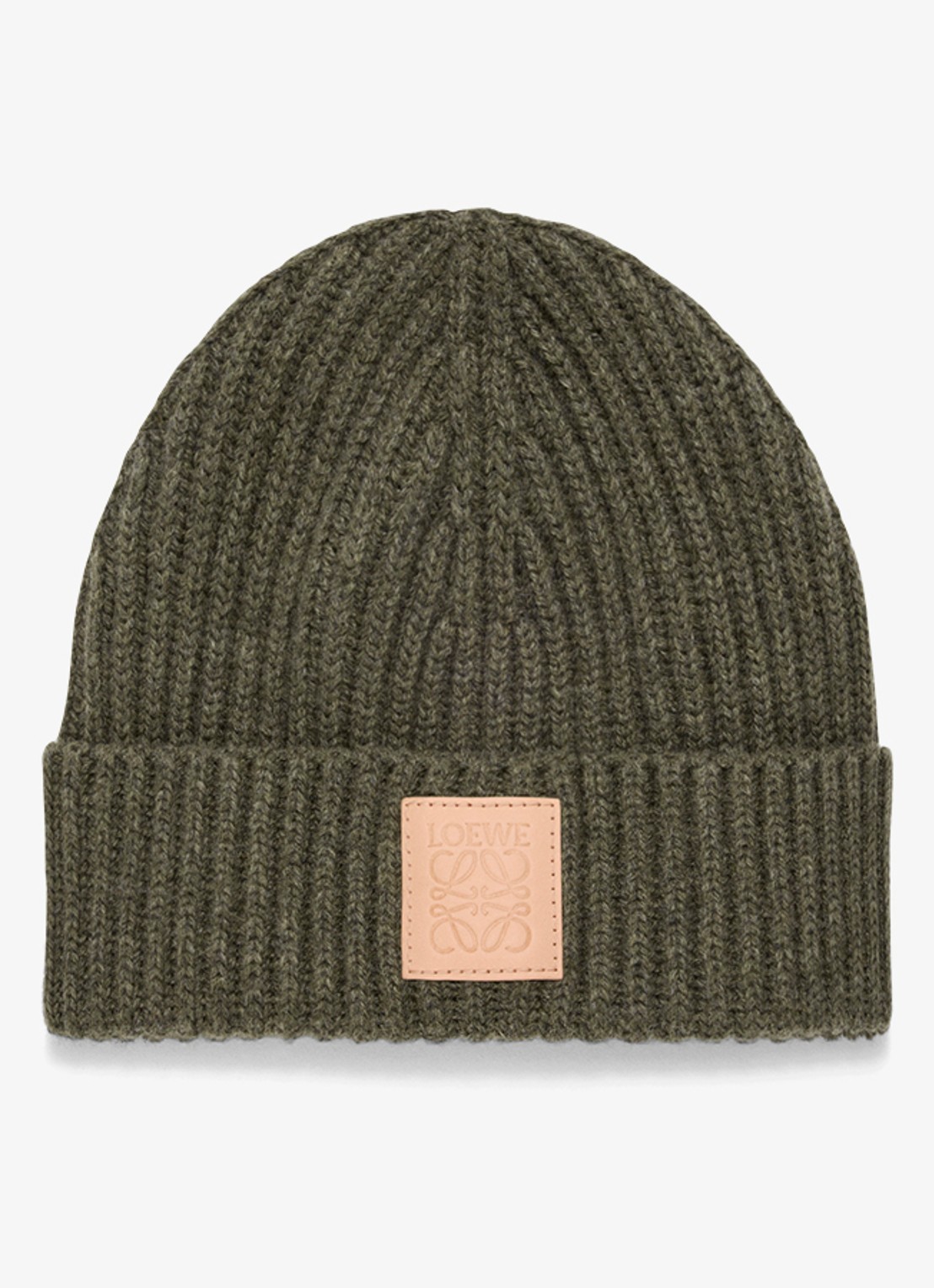 LOEWE Ribgebreide muts van kasjmier met logo - voorkant 3 donkerkhaki