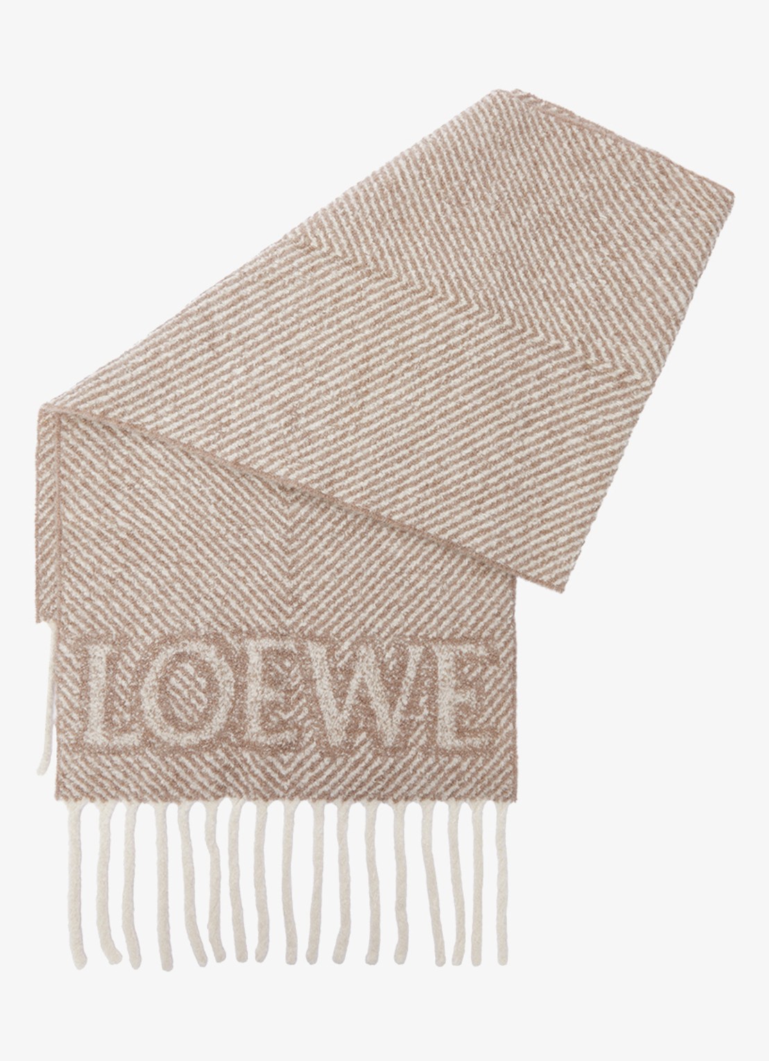 LOEWE Sjaal van bouclé met logo 184 x 47 cm - voorkant beige