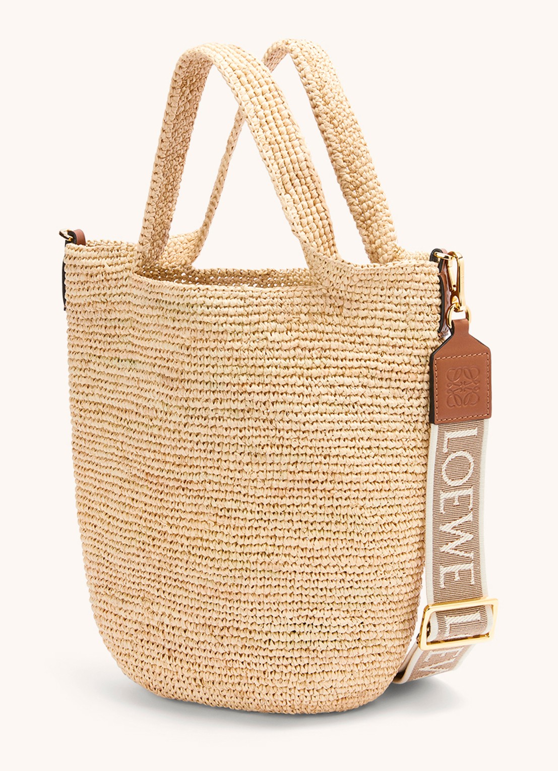 LOEWE Slit schoudertas van raffia met kalfsleren details - achterkant camel