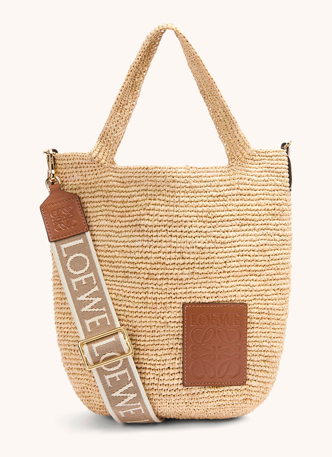 LOEWE Slit schoudertas van raffia met kalfsleren details - voorkant 5 camel