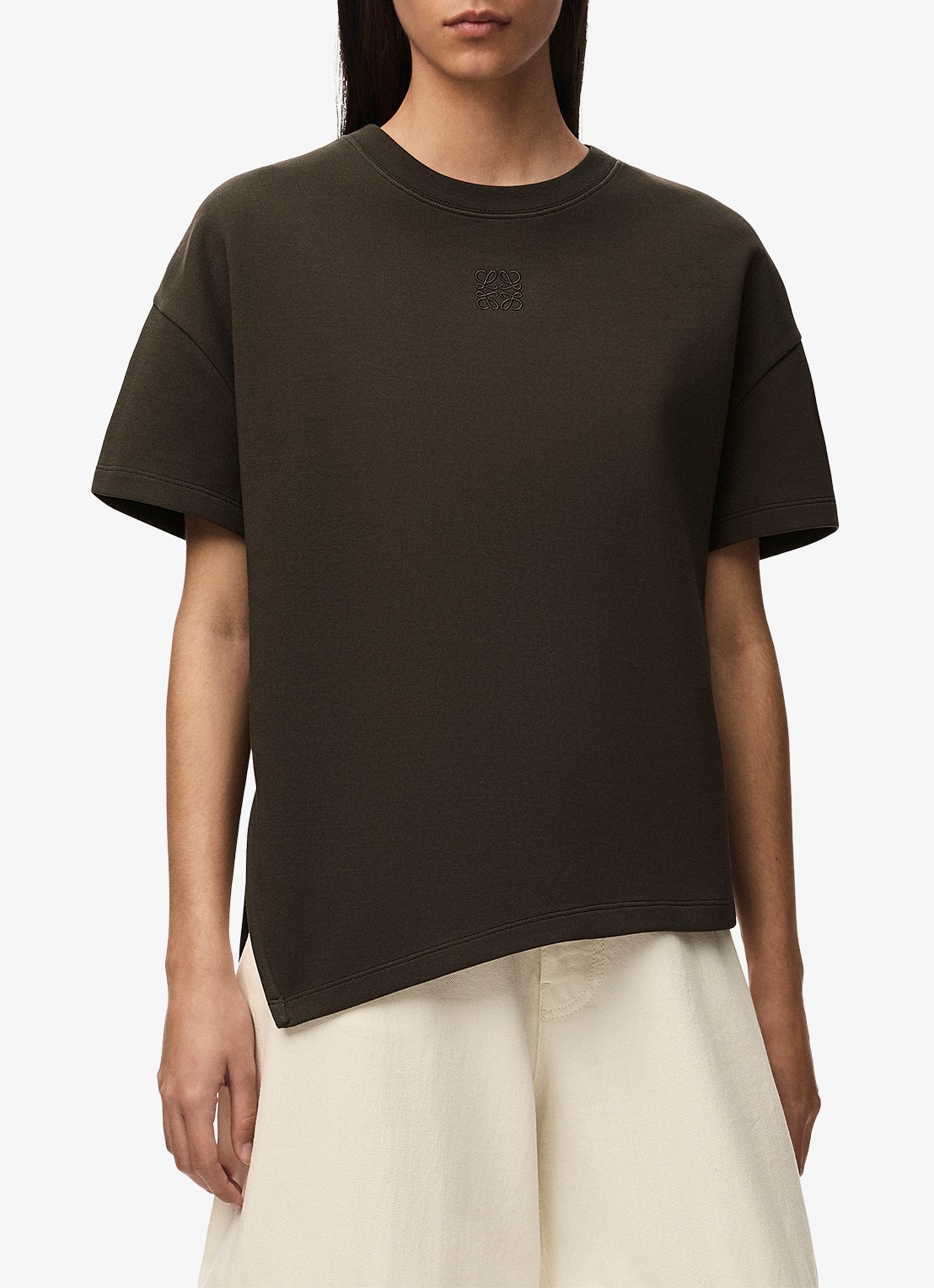 LOEWE T-shirt met zijsplit en logo - detail bruin