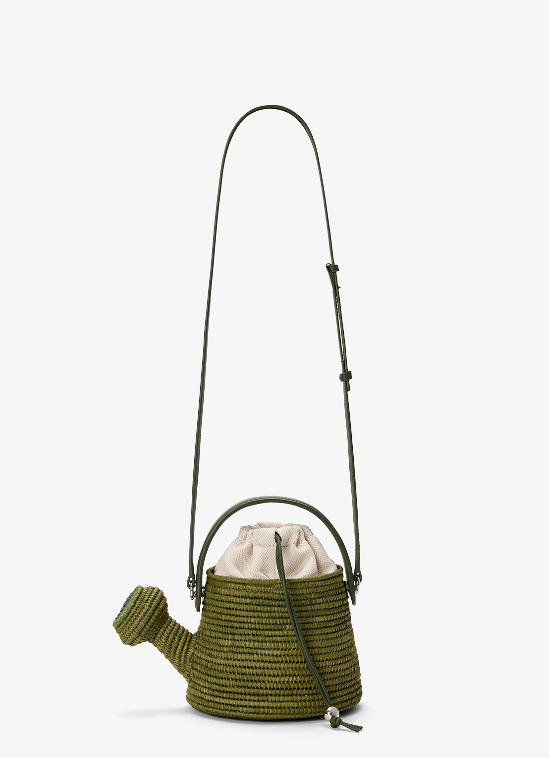 LOEWE Watering Can handtas van raffia met kalfsleren details - detail groen
